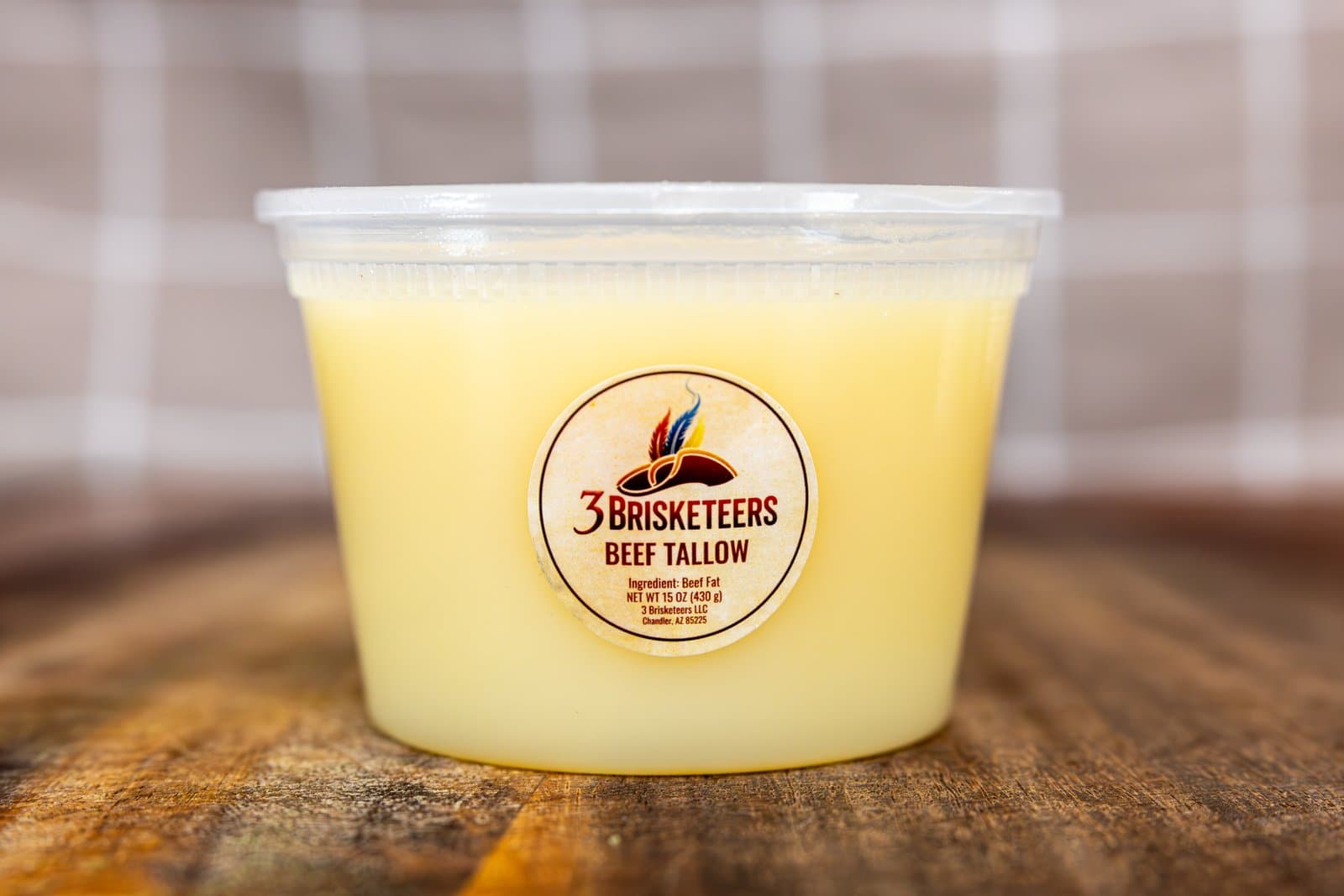 A tub of 3 Brisketeers beef tallow