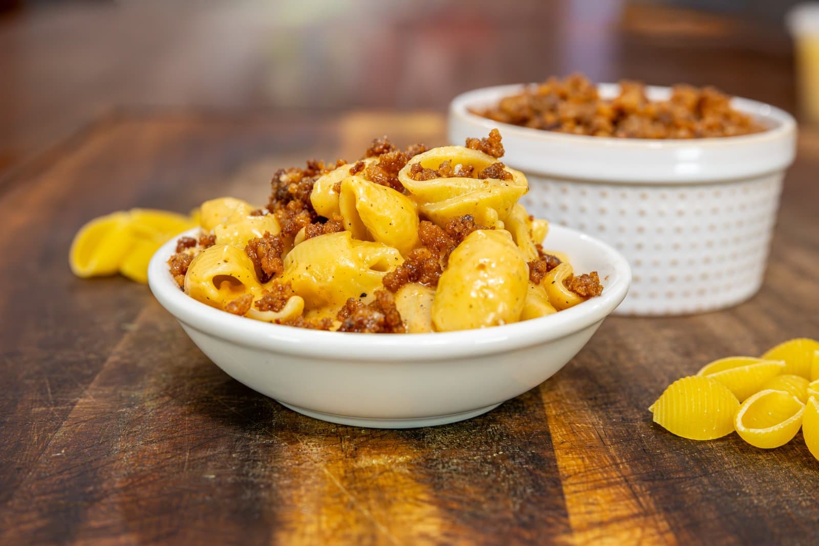Crack 'N Cheese shell mac topped with beef cracklin'