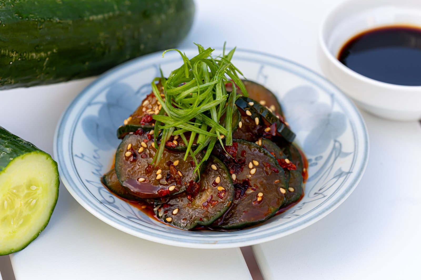 Dragon cucumber salad with chili oil and sesame